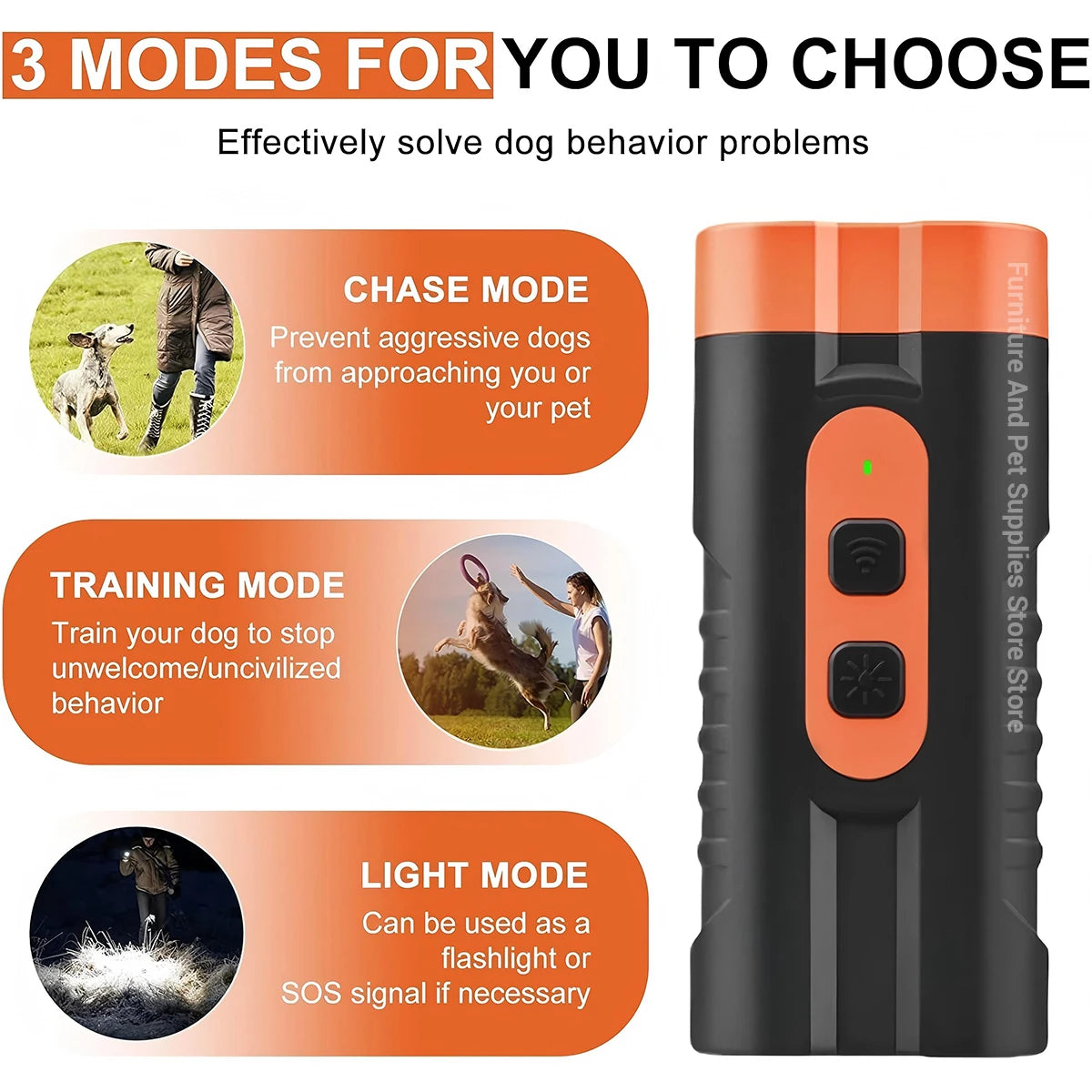 An ultrasonic pet bark repeller device shown with three modes: Chase, Training, and Light.