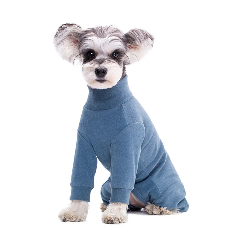 Un traje de abrigo de forro polar térmico azul claro para perro con orejas peludas mirando a la cámara.