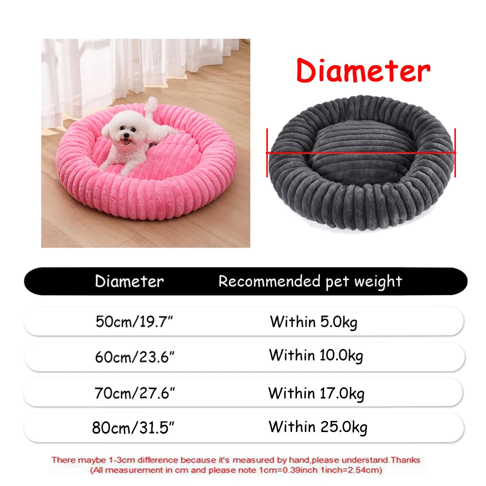 A pink plush round pet bed with a removable cover shown in different diameters and recommended weights.