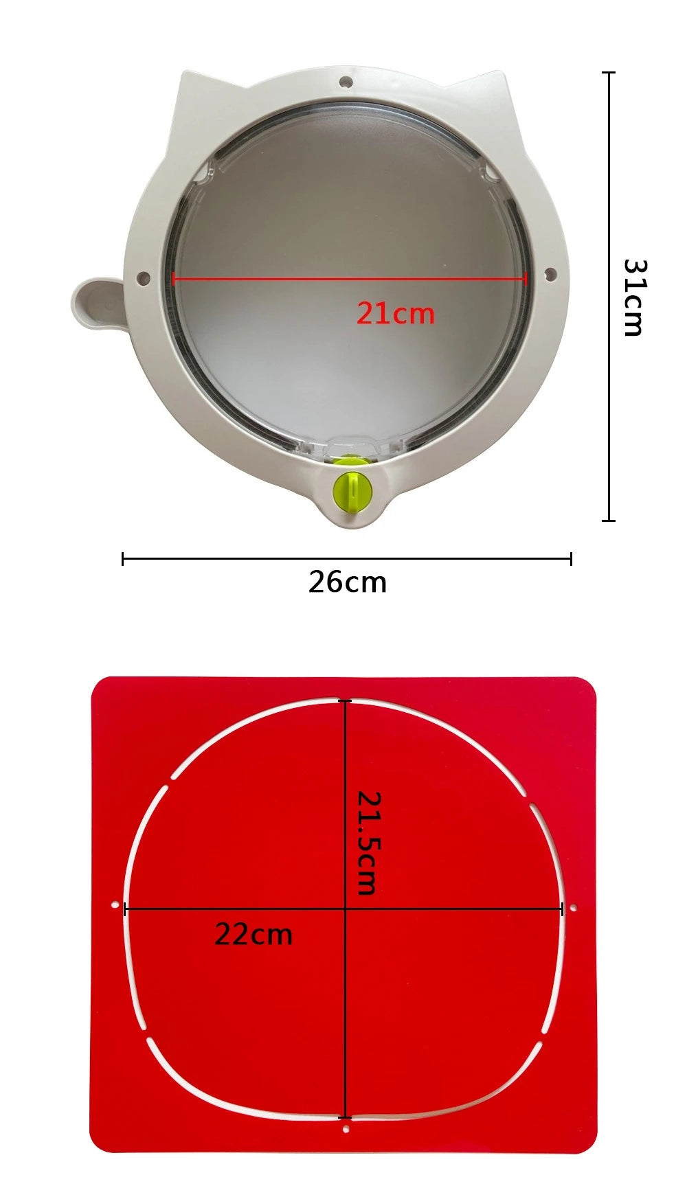 Un rabat circulaire rouge avec un contour blanc, mesurant 21,5 cm de diamètre.