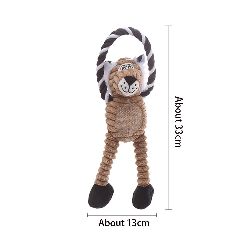 A plush bone dog squeaky chew toy with brown fur and black and white striped ears.