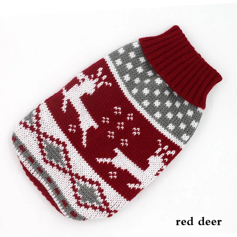 A knitted red deer sweater featuring a white and gray patterned design.