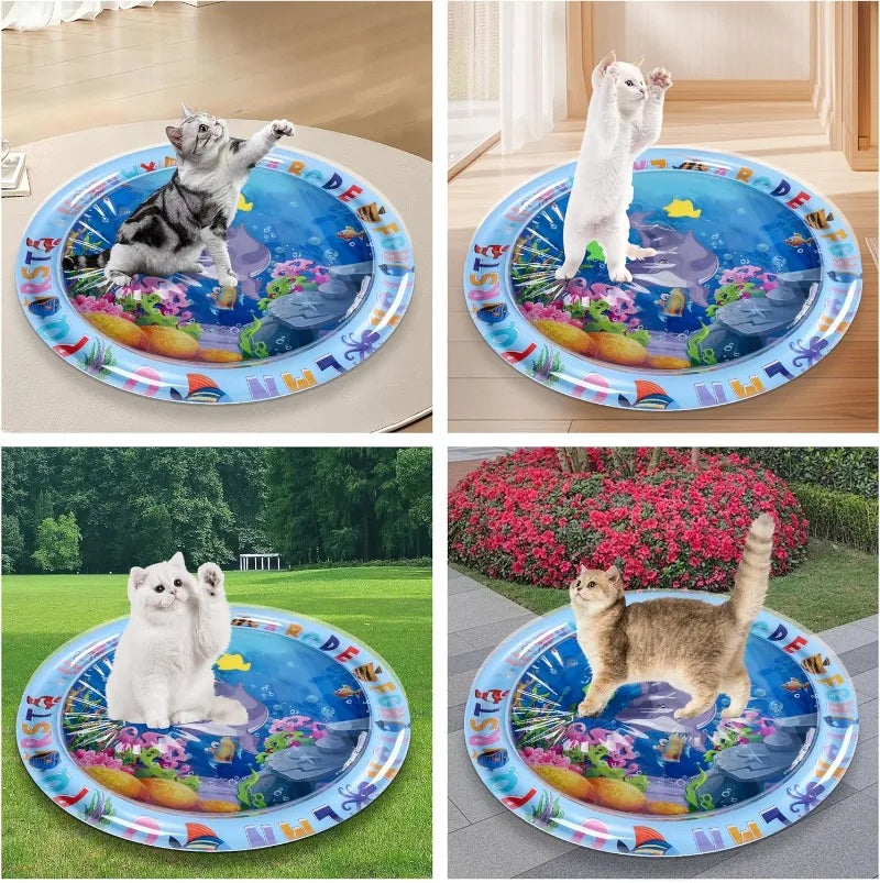 A collection of pet food plates featuring cats in various poses and colors on a blue background.