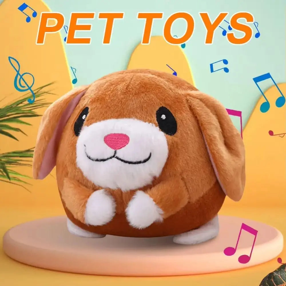 A fluffy brown dog toy with pink nose and white paws sitting on a light pink surface.