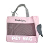 Pink breathable pet bag backpack with gray straps and a mesh carrier section