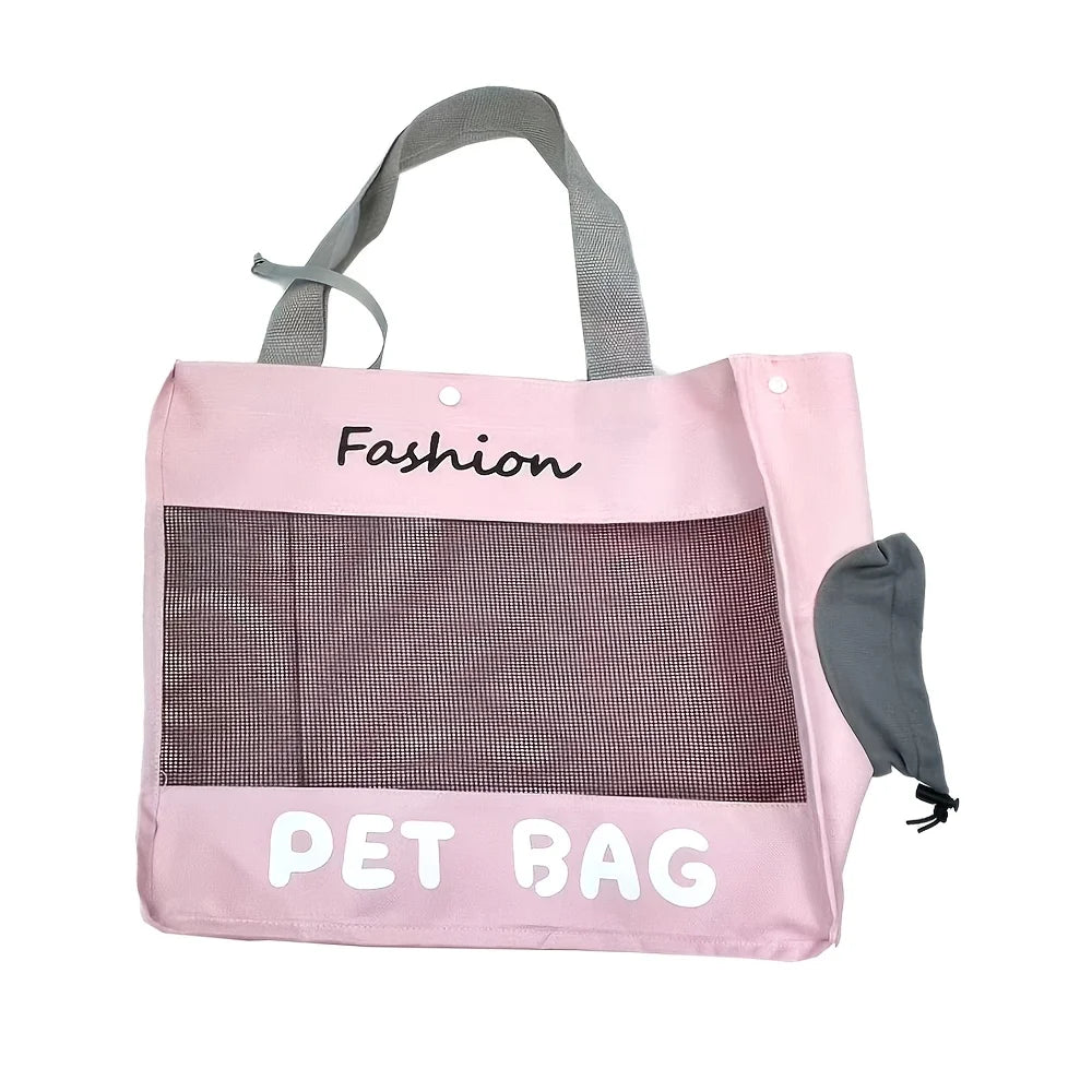 Pink breathable pet bag backpack with gray straps and a mesh carrier section
