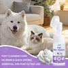 A white dog and a fluffy cat are pictured next to a bottle of Pet Paw Cleaner foam for foot cleaning.