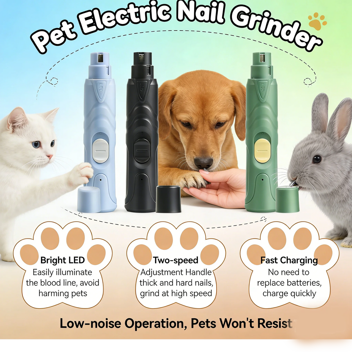 Eine Hand hält einen elektrischen Nagelfeiler, der auf einen Hund und eine Katze angewendet wird.