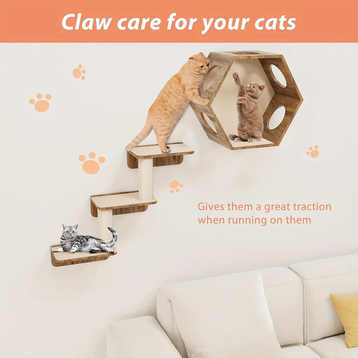 A wooden cat scratching post with multiple levels, used for cats to scratch and gain traction.