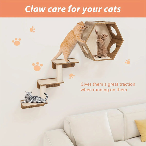 A wooden cat scratching post with multiple levels, used for cats to scratch and gain traction.