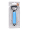 A blue and black pet detangling comb with a stainless steel comb attachment is shown in packaging.