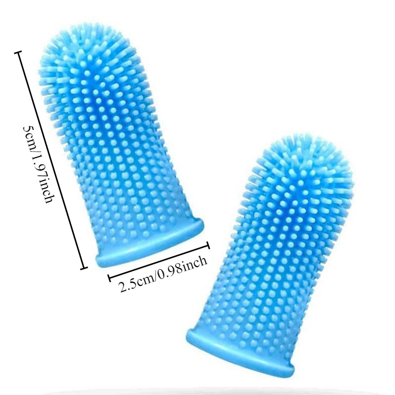 A blue silicone pet toothbrush set with bristles shown next to a measurement scale.