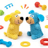 Two plush dog toys, one yellow and one blue, are shown with various squeaker rings.