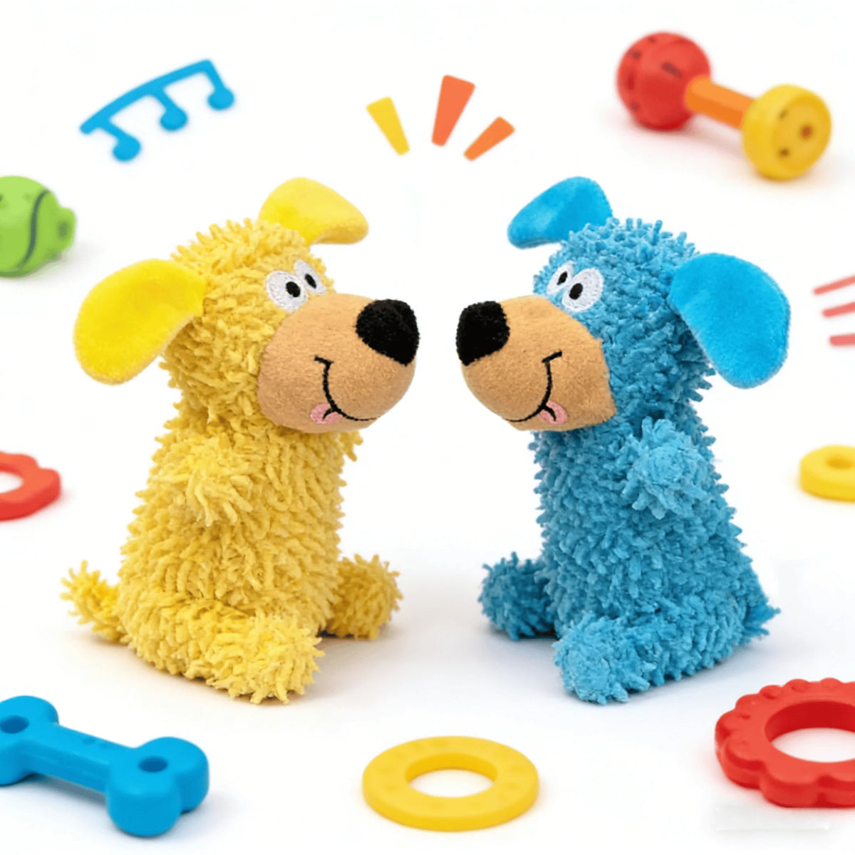 Two plush dog toys, one yellow and one blue, are shown with various squeaker rings.