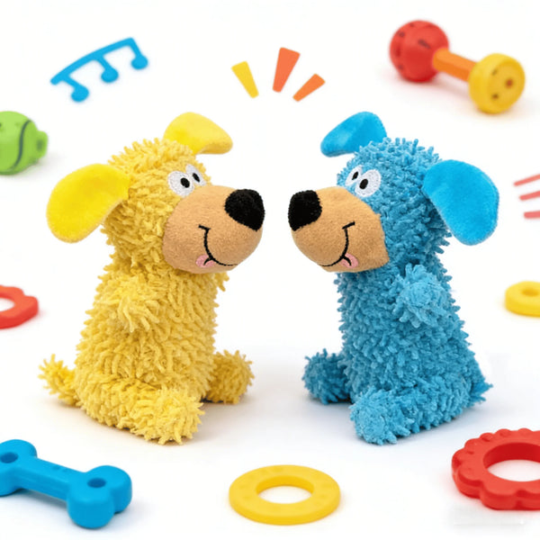Two plush dog toys, one yellow and one blue, are shown with various squeaker rings.