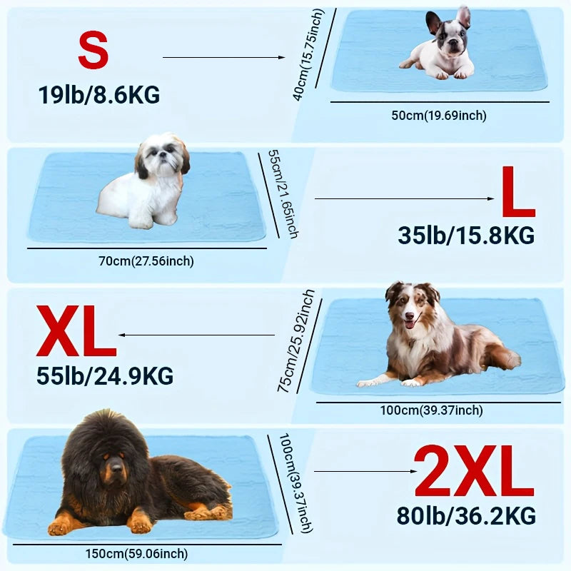 A series of pet mats showing different sizes and weights for dogs, ranging from Small to 2XL.