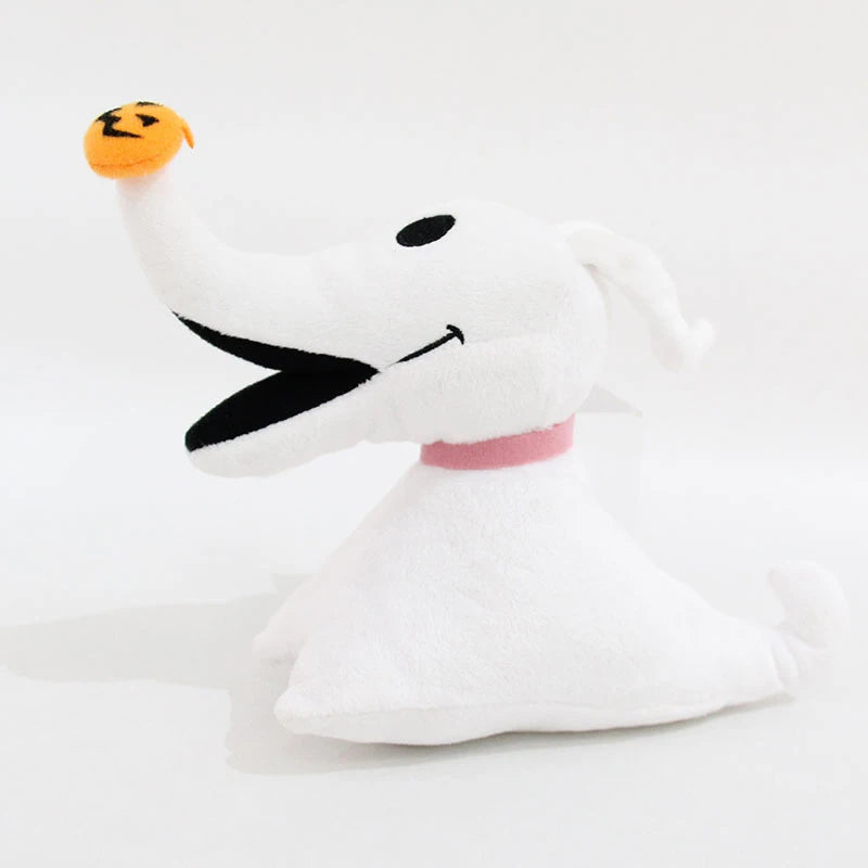 A white cartoon skeleton dog plush toy with an orange nose and black features.