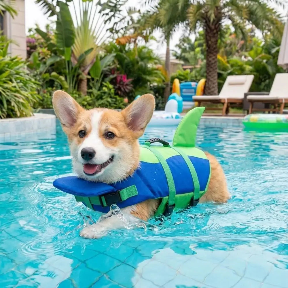A happy dog wearing a bright green life vest swims in a blue swimming pool.