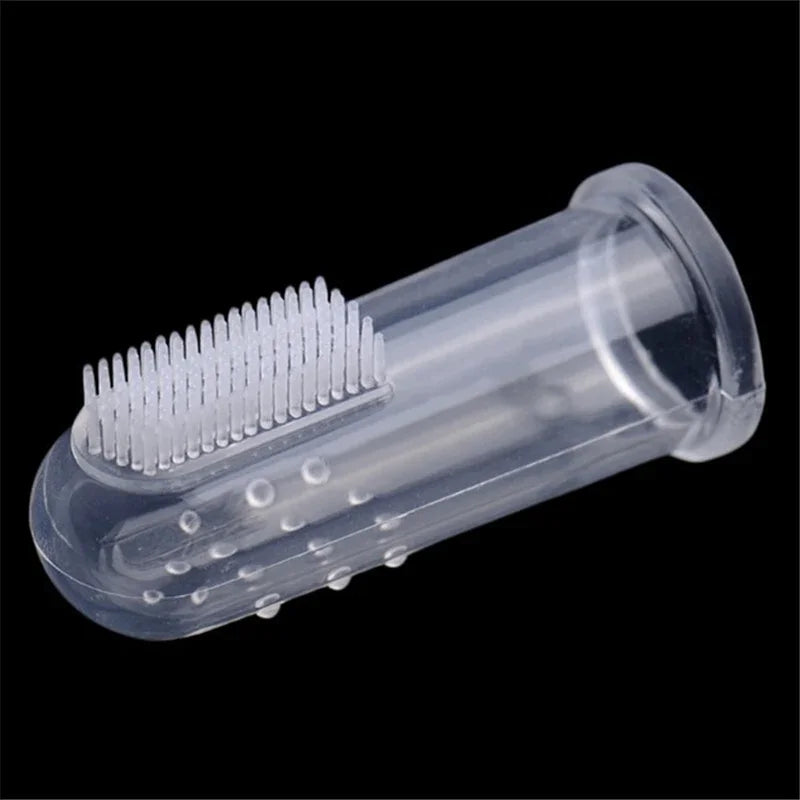 Clear silicone finger toothbrush designed for dogs and cats
