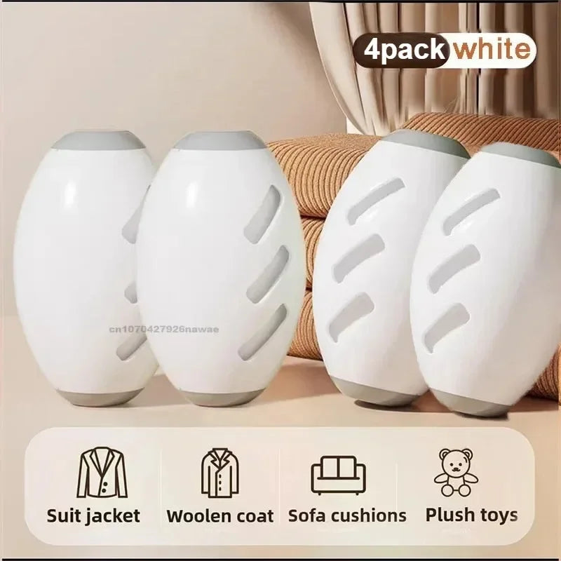 A set of four white reusable pet hair remover rollers with protective cases shown next to various fabric items.