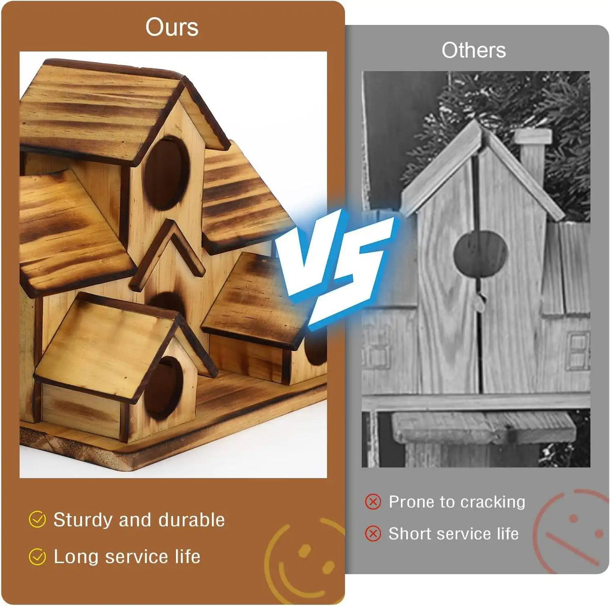 Comparison of a sturdy wooden bird house against a weathered wooden bird house.