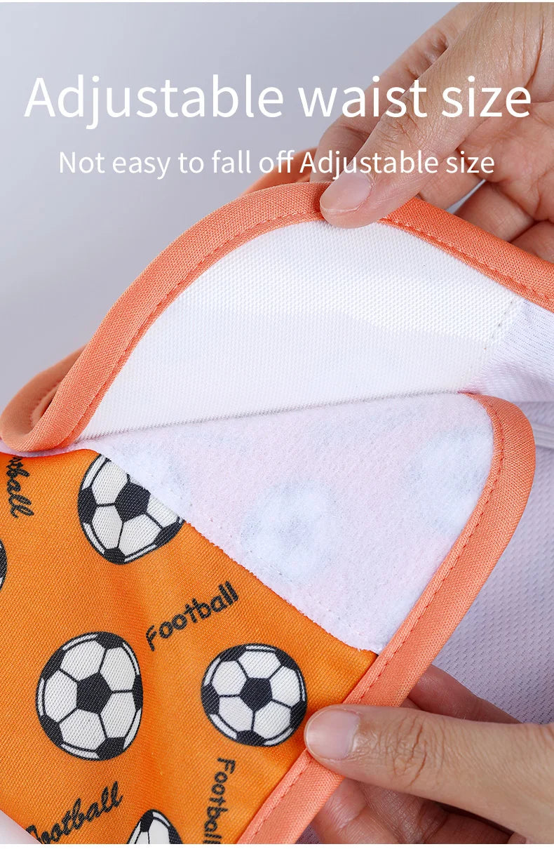 Orange and white reusable sanitary pants for male dogs with an adjustable waist size.