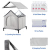 Insulated pet house featuring hot water bags, ice packs, hanging pockets, and a dual-sided mat for seasonal use