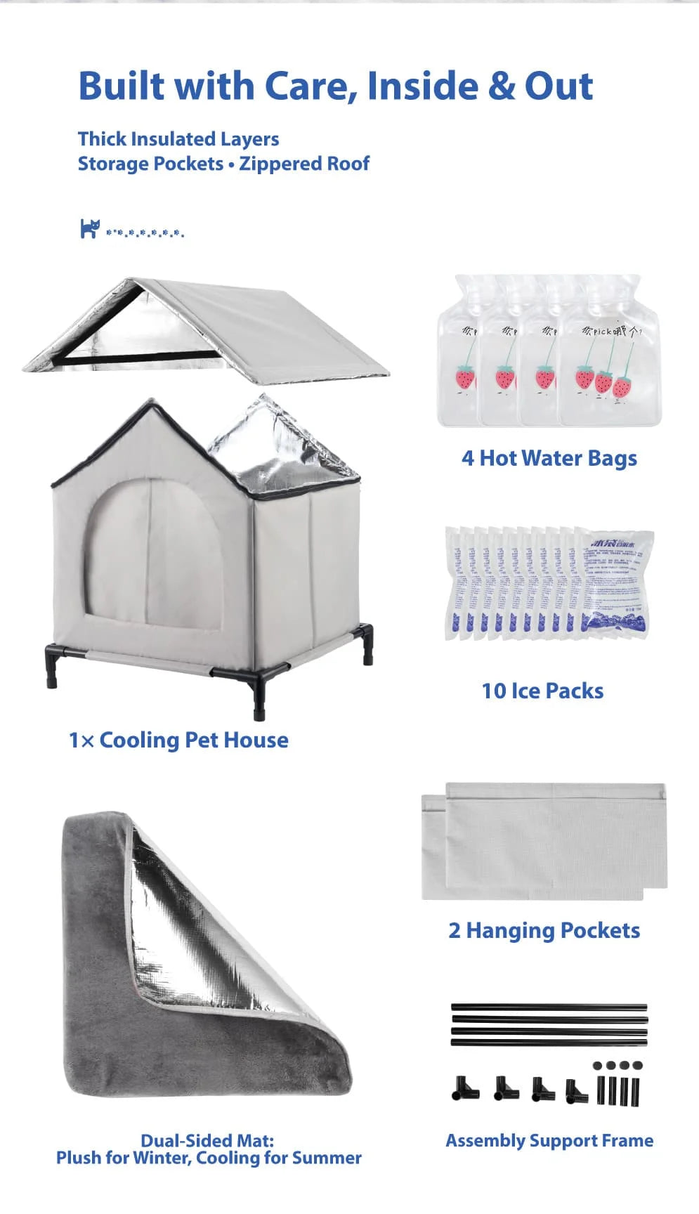 Insulated pet house featuring hot water bags, ice packs, hanging pockets, and a dual-sided mat for seasonal use