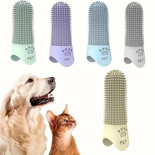 A set of silicone pet toothbrushes in various colors and sizes next to a dog and a cat.
