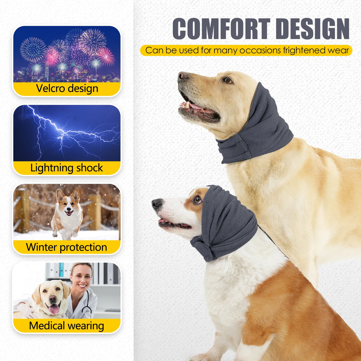 Golden Retriever mit grauer Stoffmütze und Ohrenschutz, demonstriert den Komfort-Design für Hunde.
