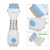 A white pet electric lice grabber comb device shown in various angles with a blue comb attachment and built-in filter.