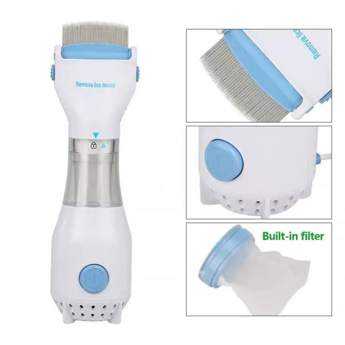 A white pet electric lice grabber comb device shown in various angles with a blue comb attachment and built-in filter.