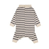 Back view of a striped four-legged pet jumpsuit with soft polyester fabric