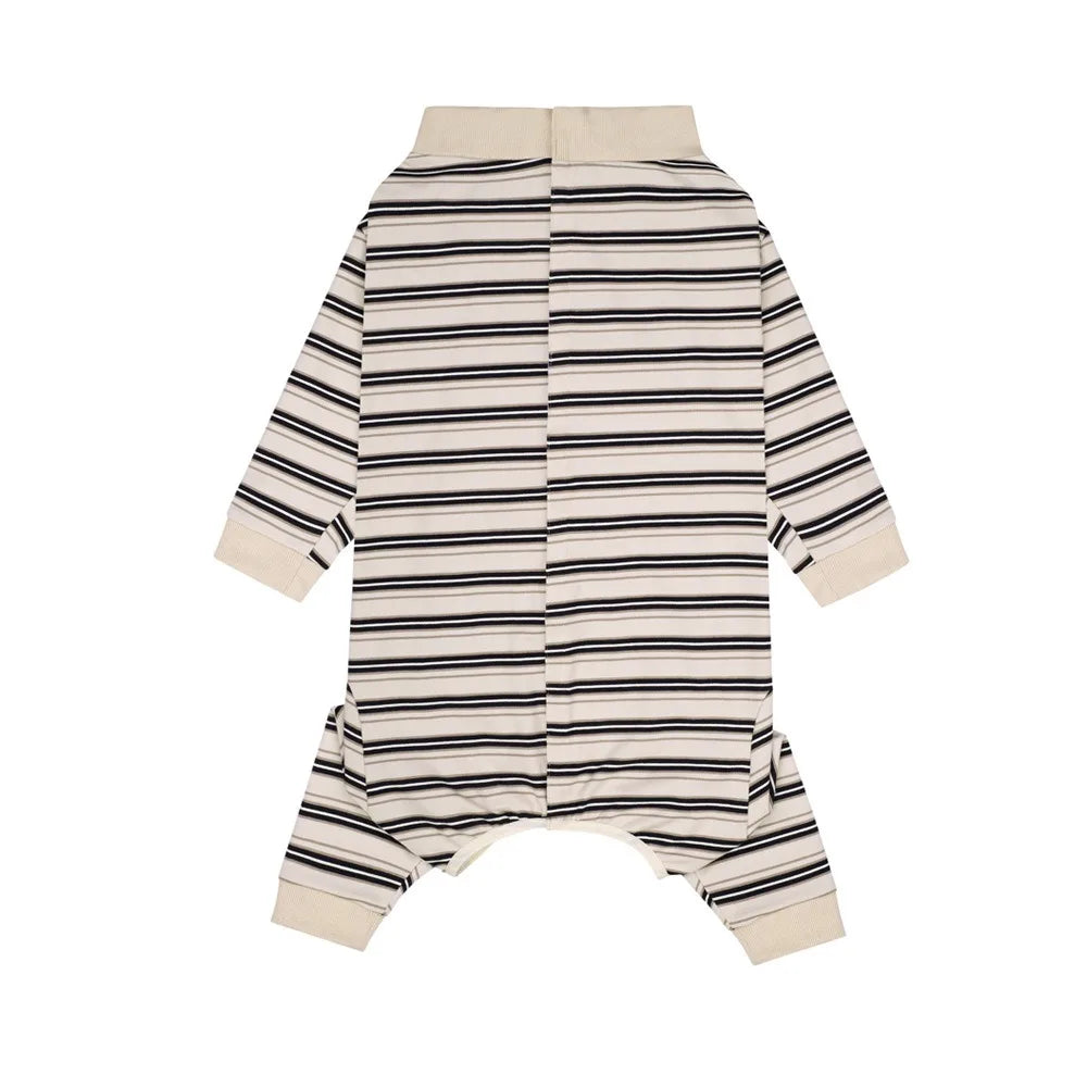 Back view of a striped four-legged pet jumpsuit with soft polyester fabric