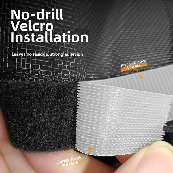 Close-up of a black velcro installation on a mesh pet gate barrier showing strong adhesive backing and dense hook surface.