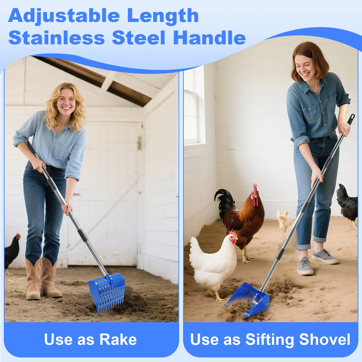 Manche en acier inoxydable de longueur ajustable, utilisé comme râteau ou pelle à tamiser pour nettoyer les déjections d'anim