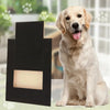 A light-colored dog is sitting next to a black wooden nail scratching board with a treat box.