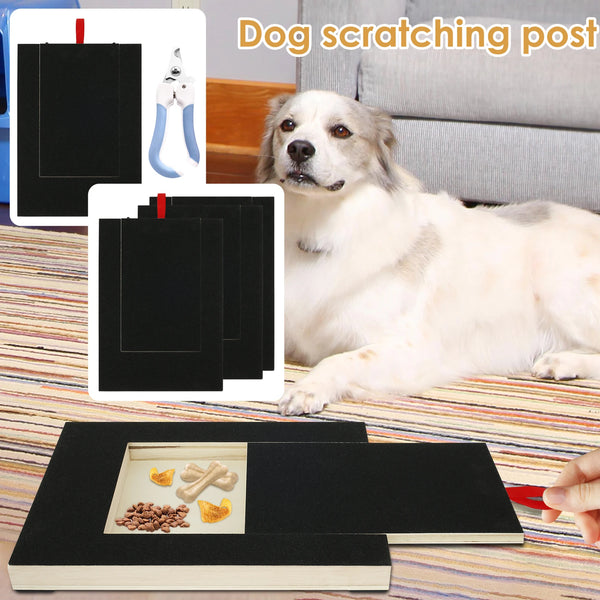 Un poteau à gratter pour chien avec une planche en bois et un insert pour friandises et griffes.