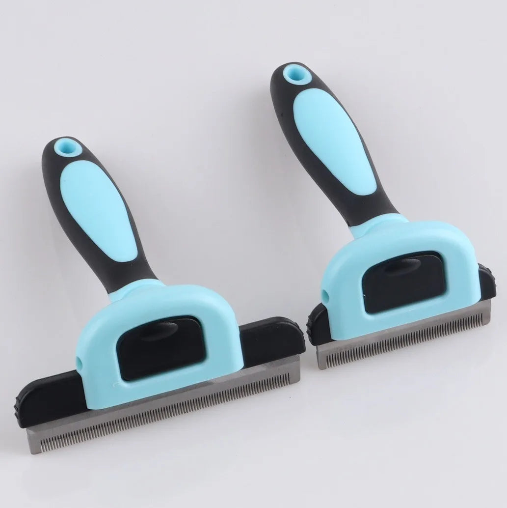 A pair of black and light blue detachable pet hair grooming combs.