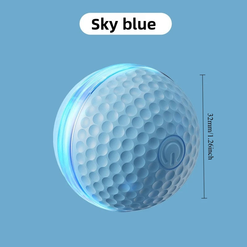 A clear, spherical pet ball with a blue tint and a power button icon visible on the side.