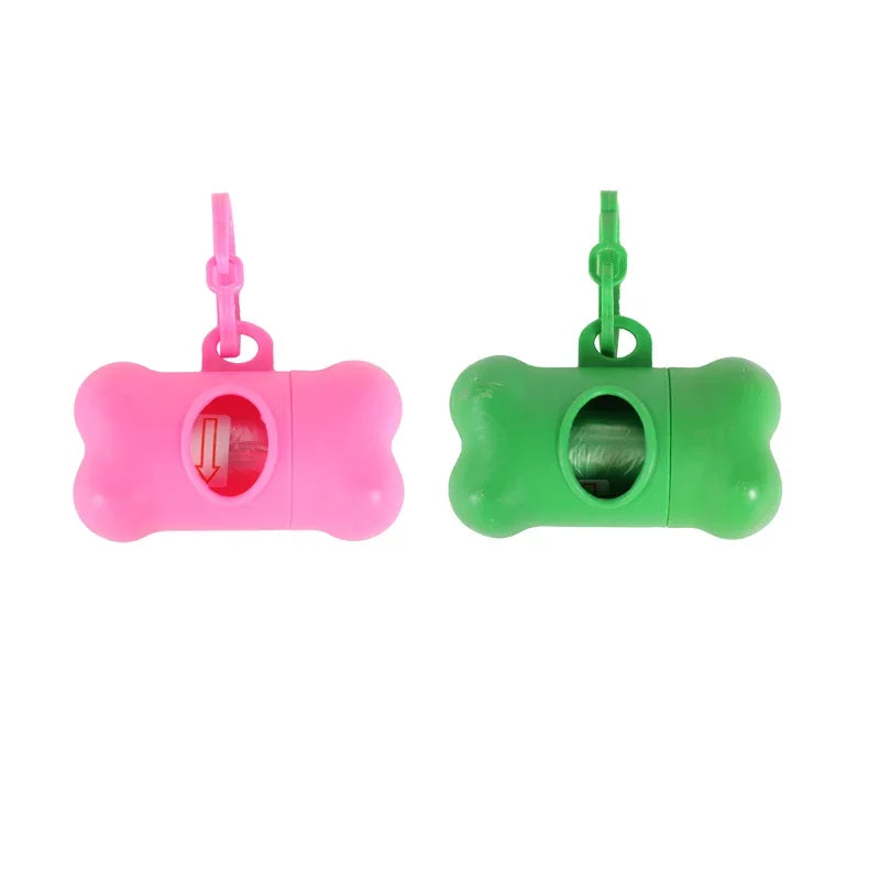 Pink and green bone-shaped dog waste bag dispensers for on-the-go cleanup