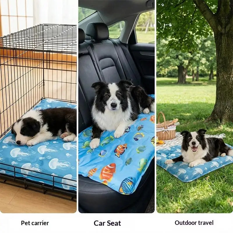 Images showing a pet carrier, car seat, and outdoor travel setup with a self-cooling pet mat.