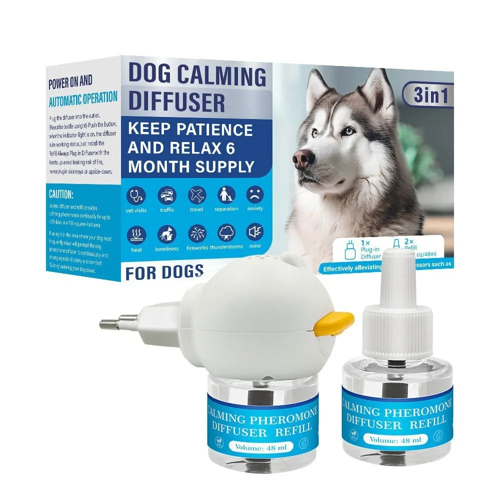 A white plug-in calming diffuser refill kit for dogs, showing the main unit and a separate refill bottle.