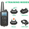 A black dog training collar with a remote control and four modes: Tone, Vibration, Shock, and LED Light.
