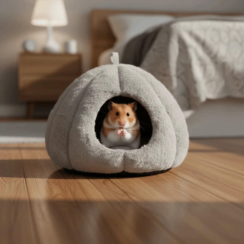 A fluffy gray plush hanging nest with an entrance where a small orange hamster is peeking out.