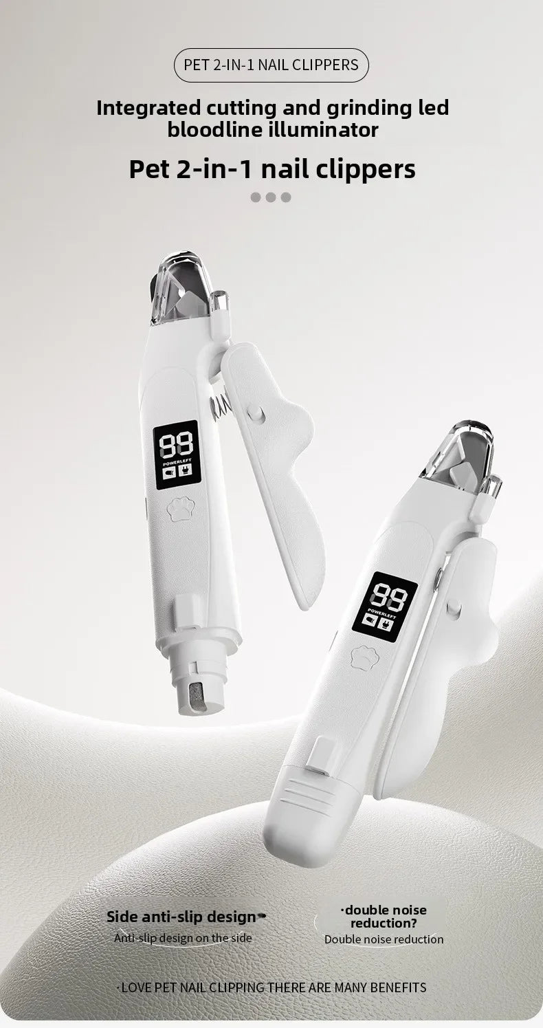 A white 2-in-1 pet nail clipper and grinder with a LED illuminator is shown against a light background.