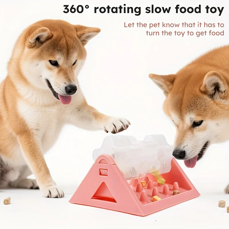 A dog is interacting with a pink puzzle toy that dispenses food.