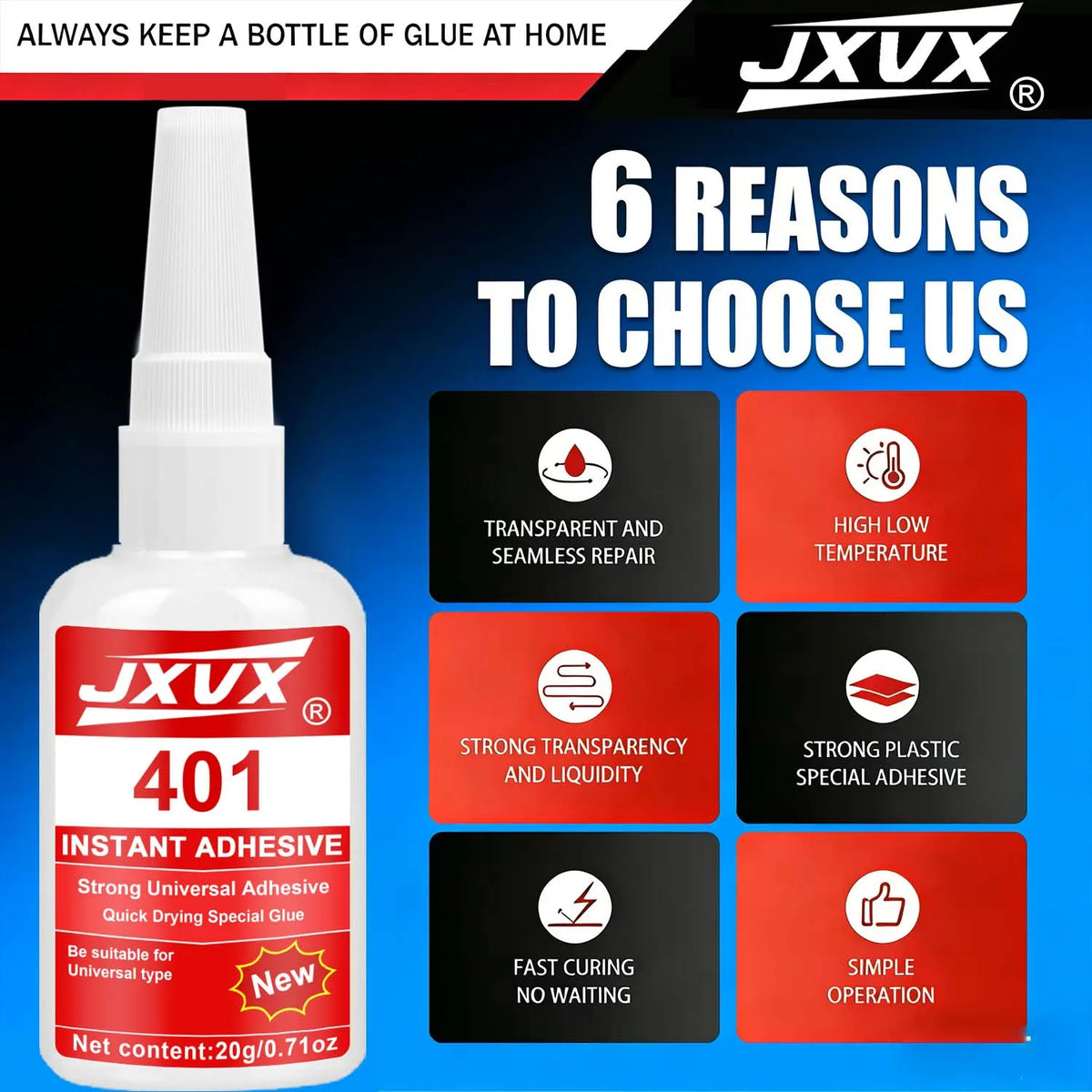 Bouteille de colle instantanée JXUV 401 avec buse blanche et raisons de choisir le produit.