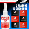 Bouteille de colle instantanée JXUV 401 avec buse blanche et raisons de choisir le produit.
