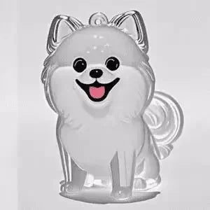 Figurine stylisée d'une tête de chien blanc aux grandes oreilles et à la gueule ouverte.